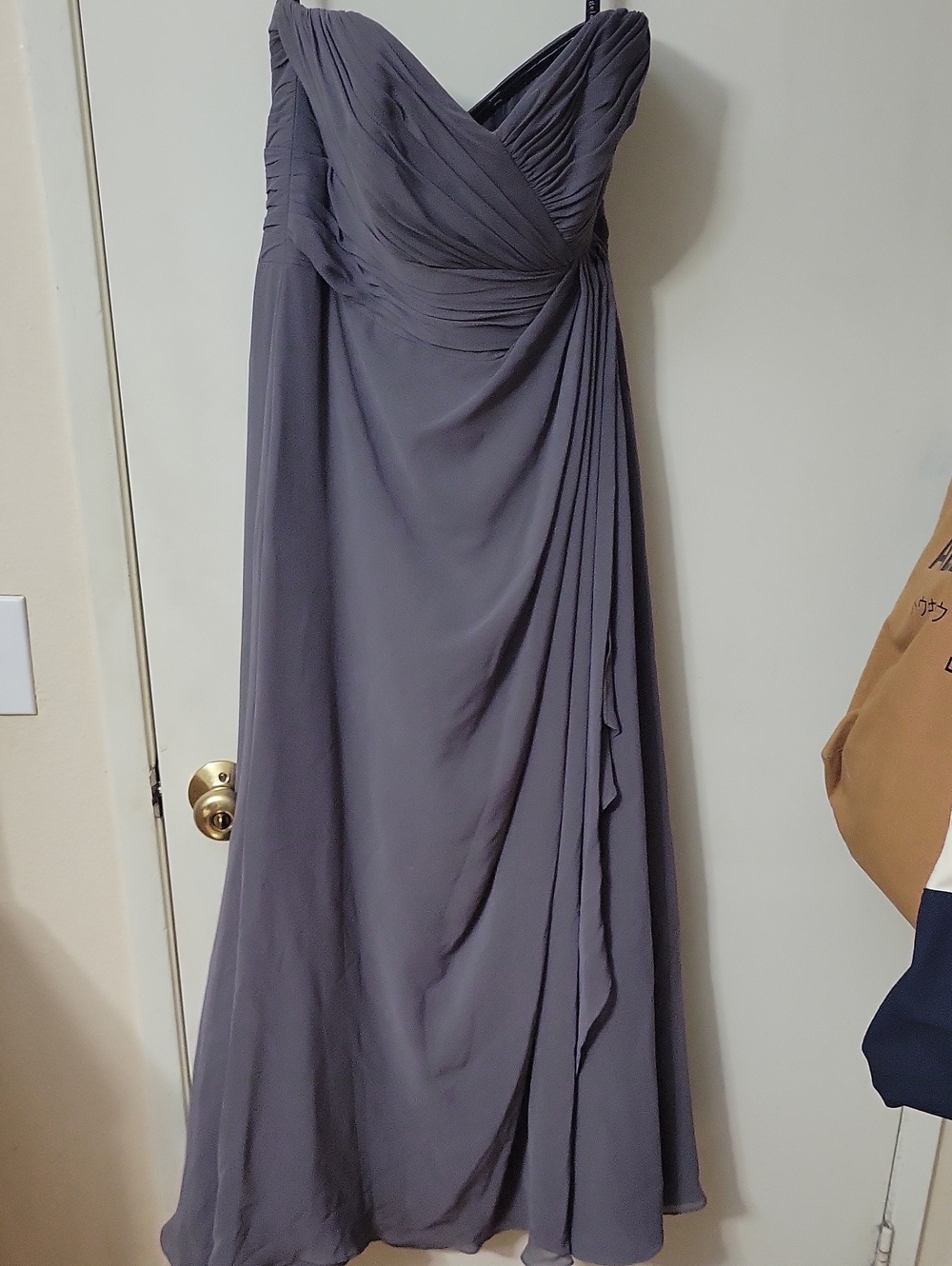 Alfred Angelo Slate Gray Strapless Ruched Maxi Gown